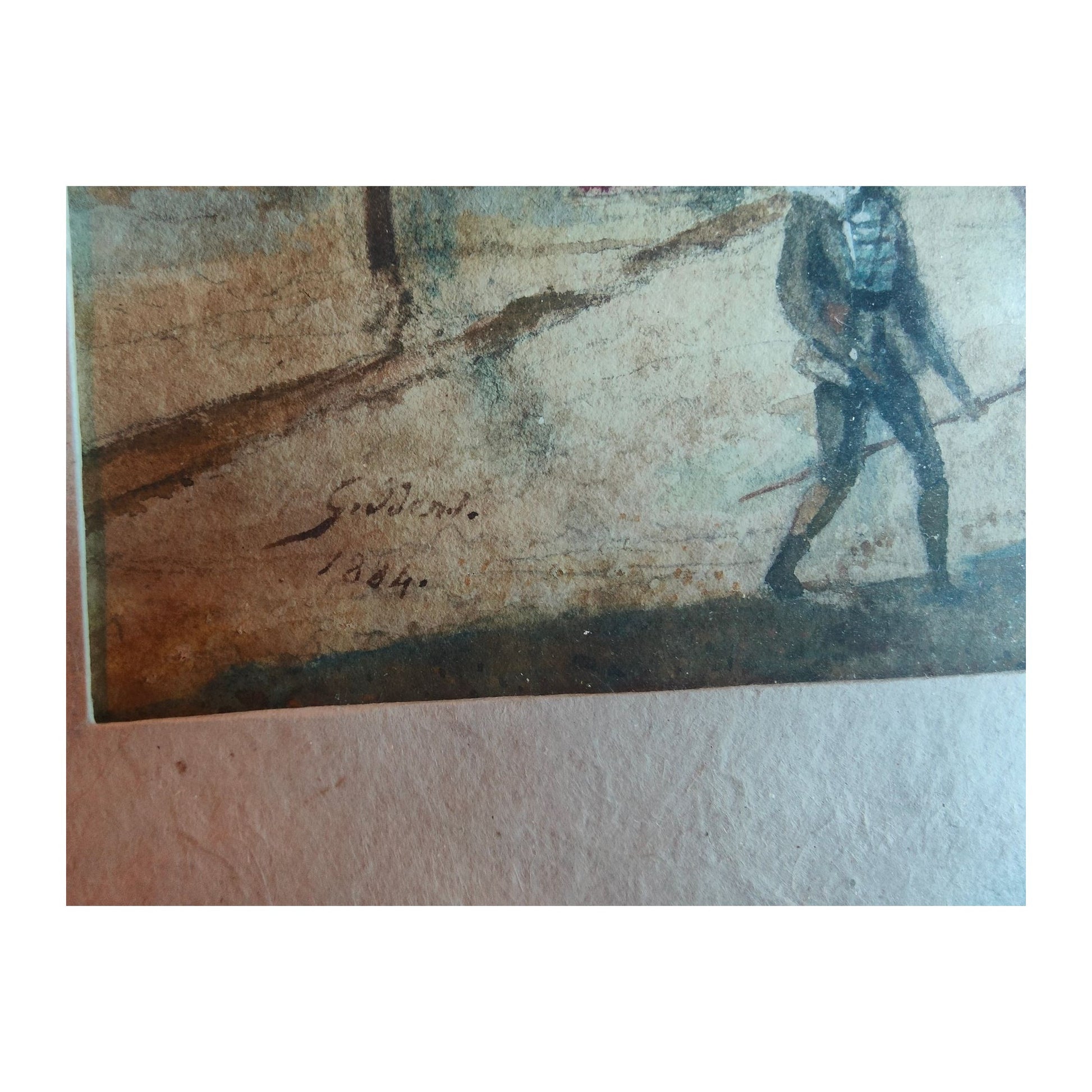 Aquarelle ancienne Scène de plage de 1884, œuvre du XIXᵉ siècle à signature non reconnue, aux tons doux et vivants, encadrée avec soin, pièce de collection.