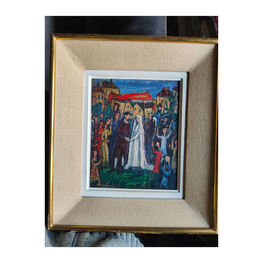 Huile sur panneau Mariage juif de Boris Borvine Frenkel, œuvre originale signée et encadrée, scène chaleureuse et colorée, idéale pour collectionneur d’art.