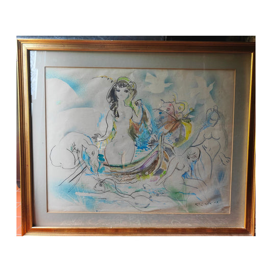 Grande aquarelle Les Femmes au bain de Ludwig Klimek, œuvre signée et datée 1969, encadrée sous verre, format 86 x 72 cm.