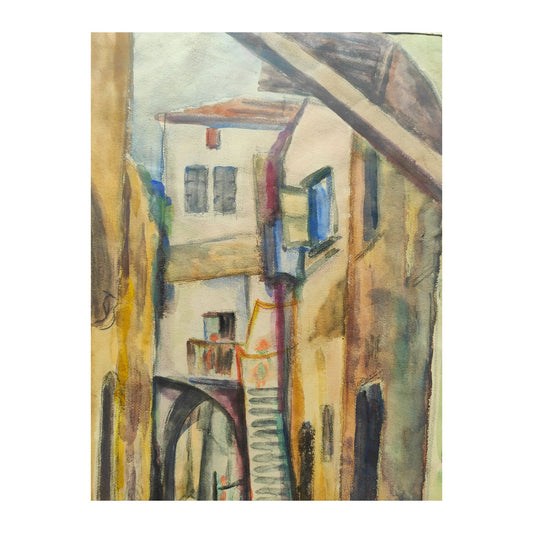 Grande aquarelle encadrée de Siona Tagger intitulée Dans la rue à Tanger, scène de rue signée en hébreu et en français par l’artiste israélienne