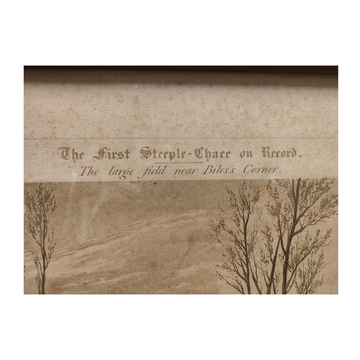 Gravure anglaise ancienne colorisée 1839 The First Steeple Chase on Record, dessin de Henry Alken gravé par Harris, scène de course hippique encadrée avec rousseurs.