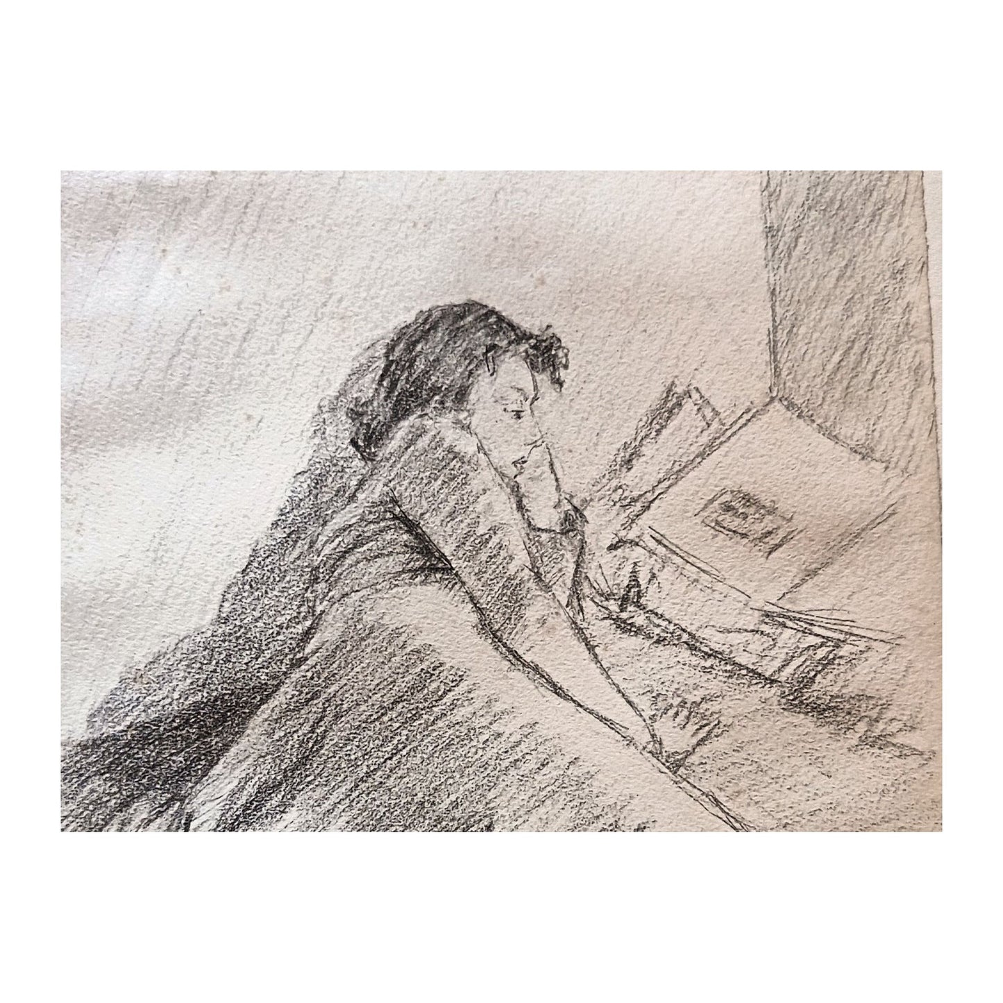 Dessin de 1942 de Benn (Bentsion Rabinowicz) représentant une femme lisant, probablement sa femme, œuvre non encadrée collée sur carton léger au format 20,5 x 28 cm