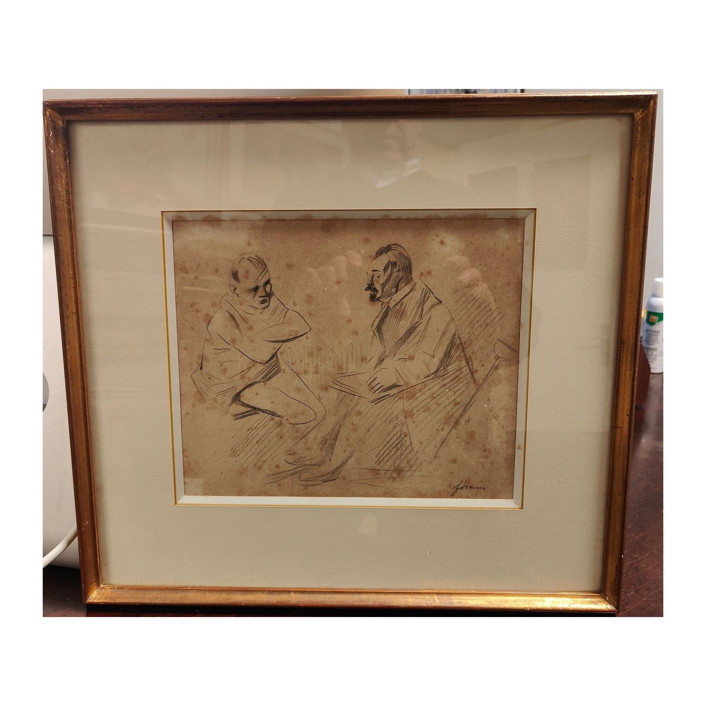  Dessin ancien "La Conversation" de Jean-Louis Forain, légèrement jauni, bien encadré 