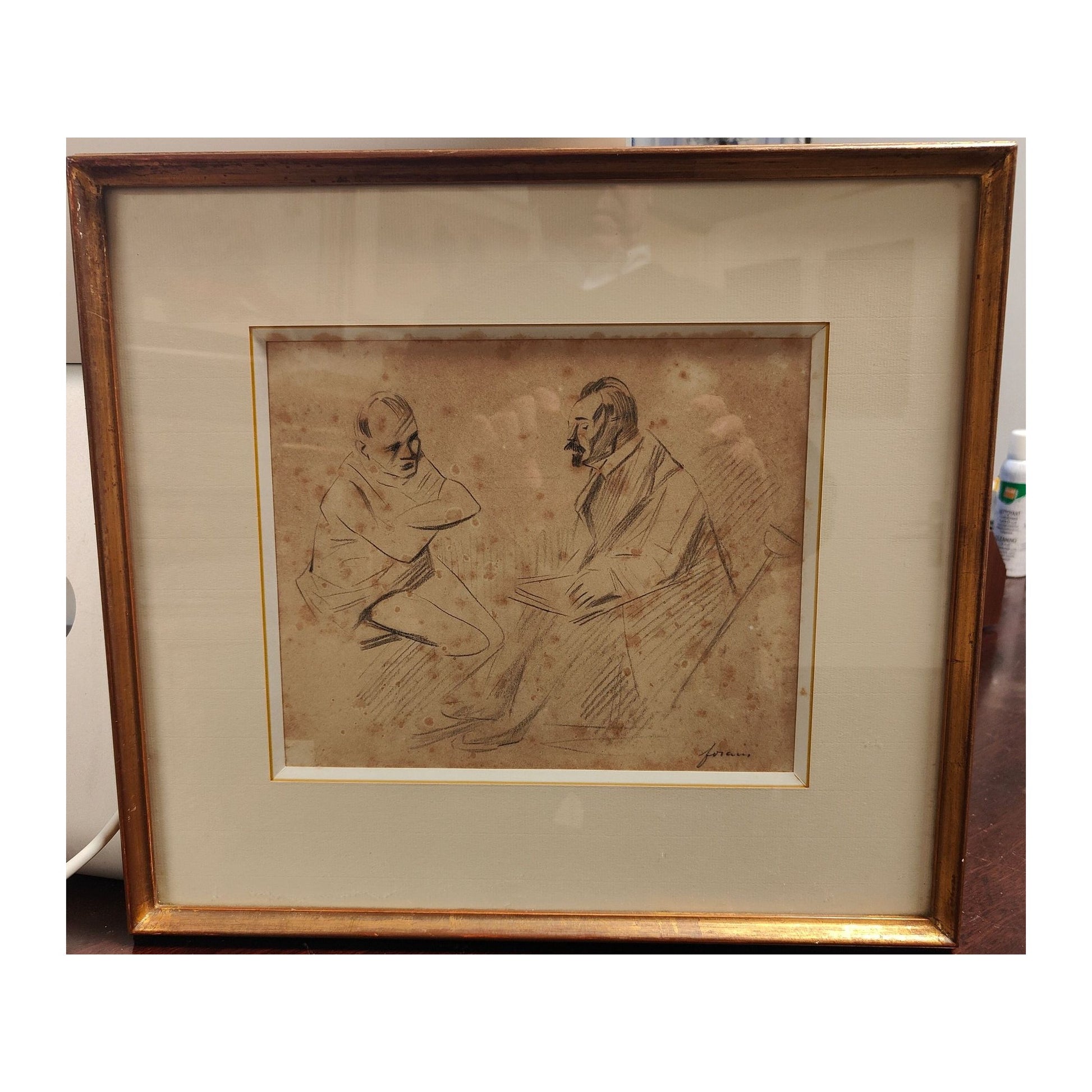  Dessin ancien "La Conversation" de Jean-Louis Forain, légèrement jauni, bien encadré 