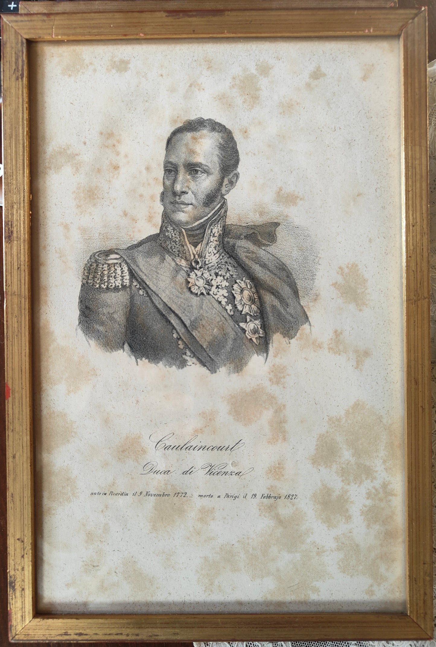 Lithographie ancienne de 1854 par Corbetta (Milan) représentant Armand de Caulaincourt, Duc de Vicence, portrait encadré élégant et rare, 17,3 × 25,5 cm.