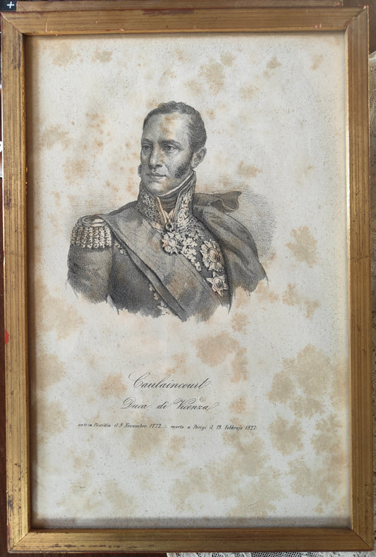 Lithographie ancienne de 1854 par Corbetta (Milan) représentant Armand de Caulaincourt, Duc de Vicence, portrait encadré élégant et rare, 17,3 × 25,5 cm.