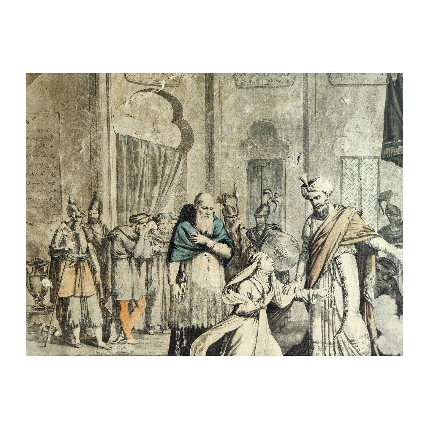 Gravure colorisée du 18e siècle intitulée Mathilde demande à Saladin le corps de Malek Adhel, imprimée par Pierre Michel Alix, encadrée sous verre 44 x 55 cm avec vitre à remplacer