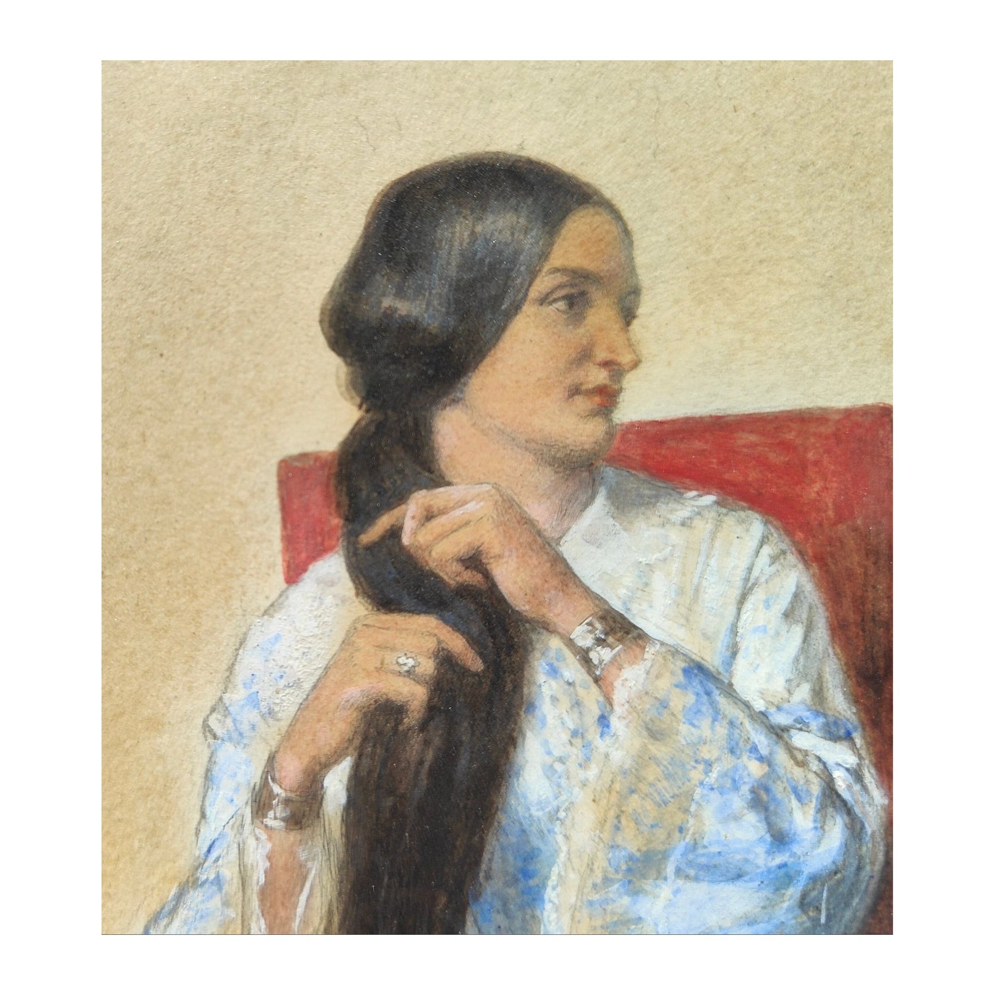 Aquarelle signée d’Auguste Raffet représentant le portrait d’une jeune femme à la longue chevelure, intitulée Portrait à la coiffure et présentée dans un encadrement soigné