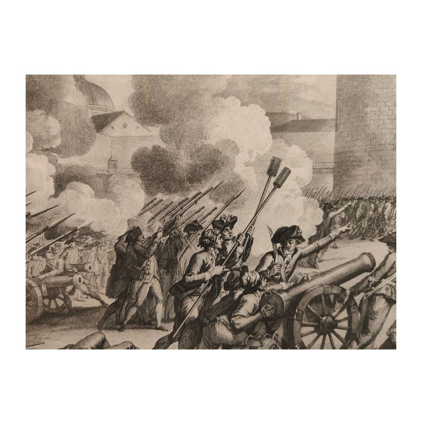 Grande gravure ancienne de la Prise de la Bastille, impression C. Chardon XIXe siècle, estampe historique française grand format encadrée sous verre.