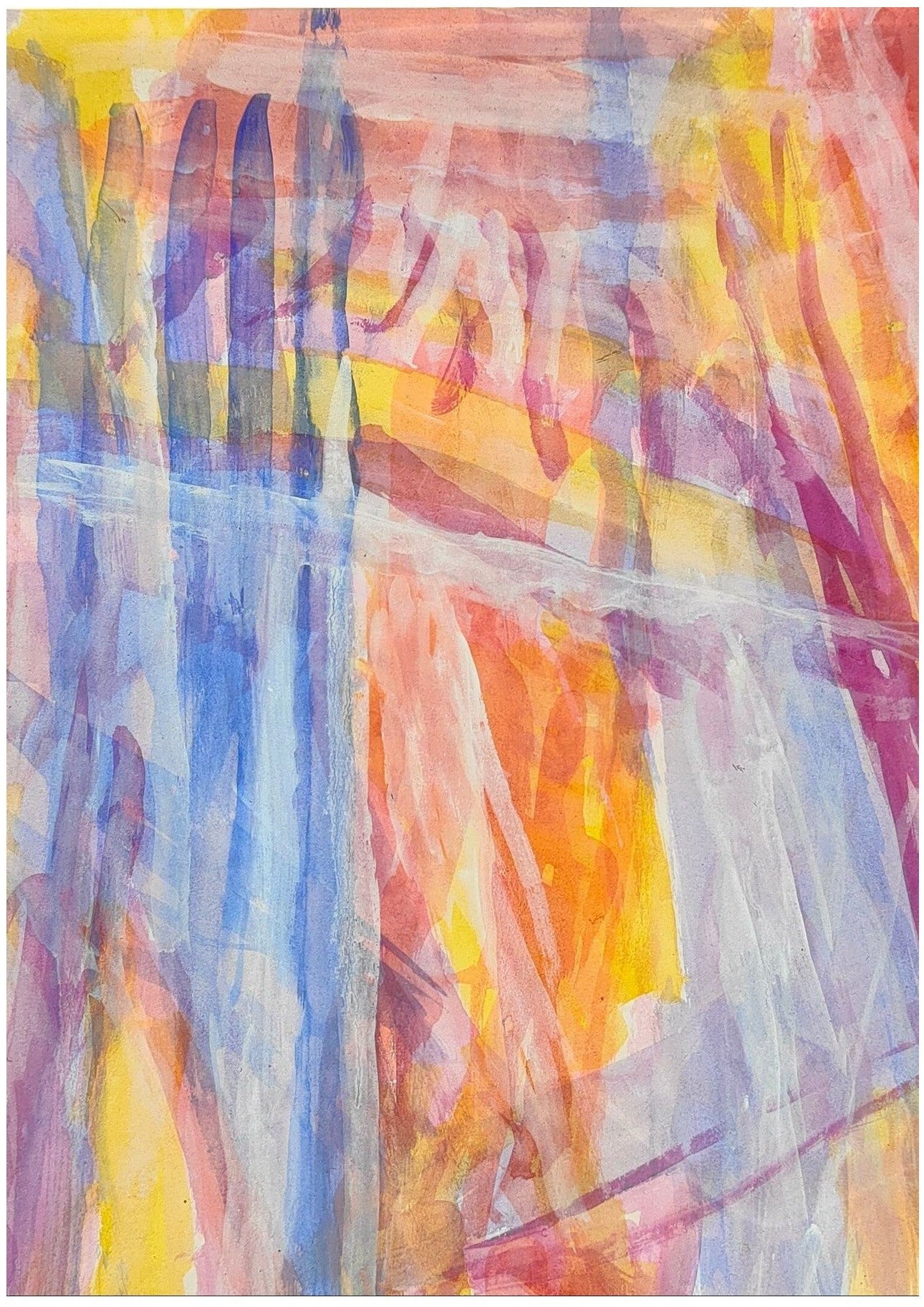 Grande aquarelle abstraite lumineuse signée de l’artiste israélien David Lan Bar, également connu sous le nom David Langberg, présentée dans un encadrement soigné