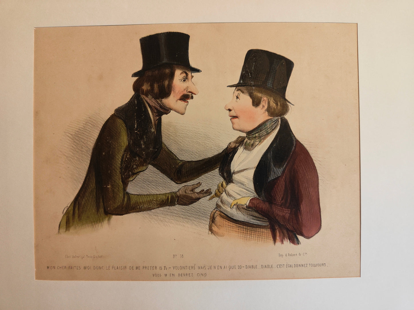 Mon Cher, Faites-moi Donc le Plaisir lithographie colorisée originale Honoré Daumier non signée scène caricaturale art graphique XIXe siècle
