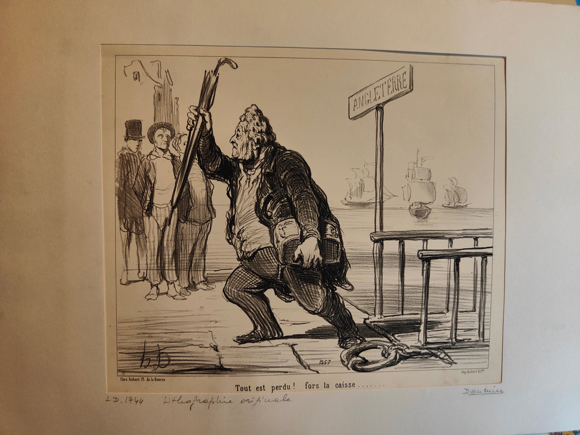 Tout est Perdu Fors la Caisse lithographie Honoré Daumier scène sociale caricature art graphique XIXe siècle
