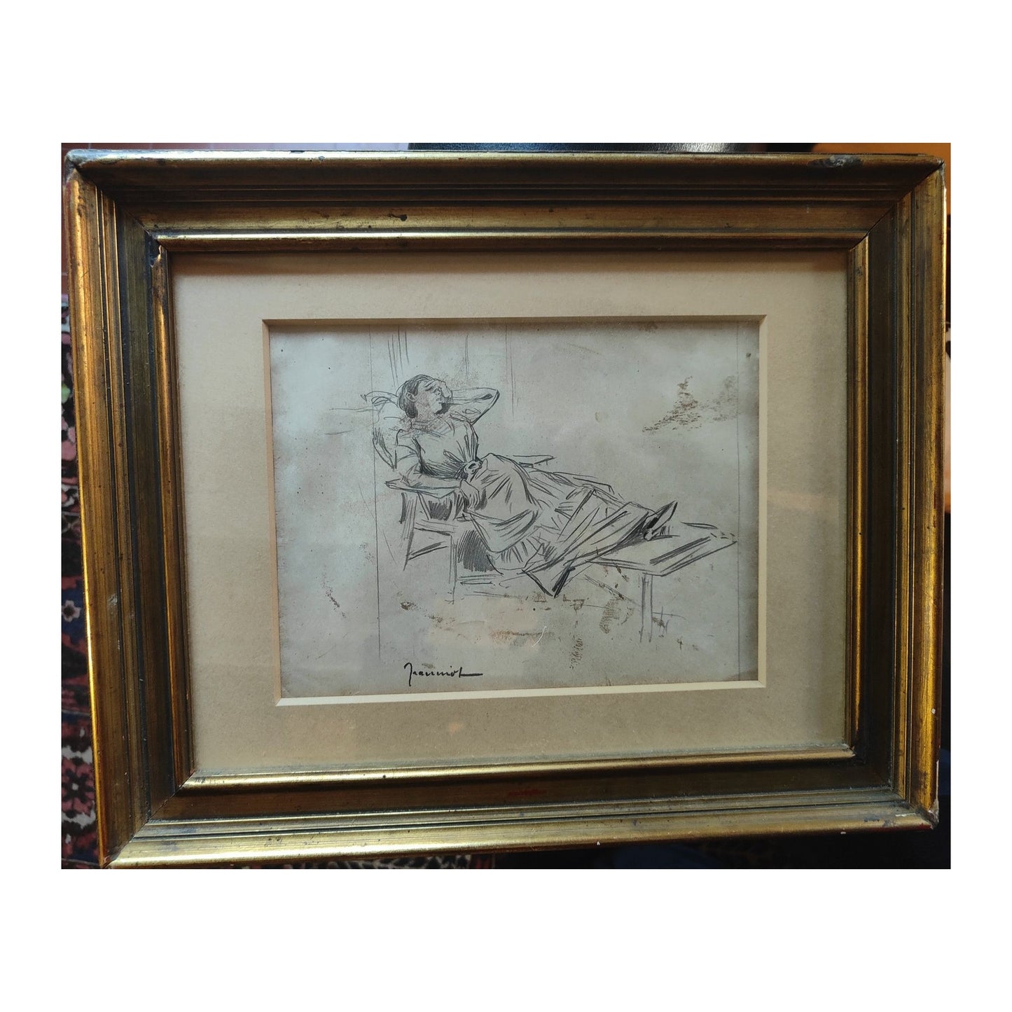 Dessin original Femme sur un transat de Pierre-Georges Jeanniot, réalisé au crayon, œuvre raffinée et encadrée, scène élégante du XIXᵉ siècle à collectionner.