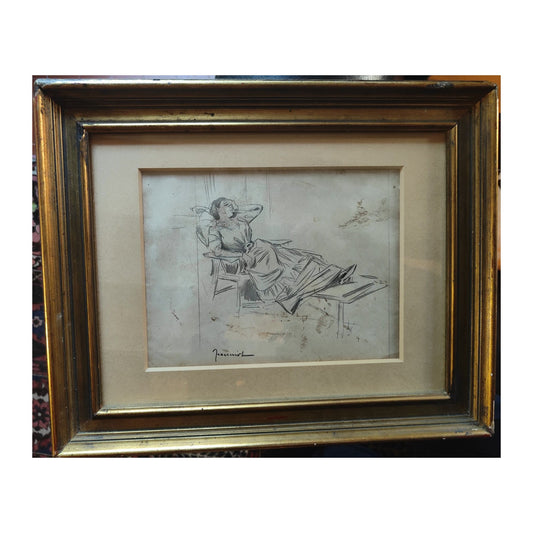 Dessin original Femme sur un transat de Pierre-Georges Jeanniot, réalisé au crayon, œuvre raffinée et encadrée, scène élégante du XIXᵉ siècle à collectionner.
