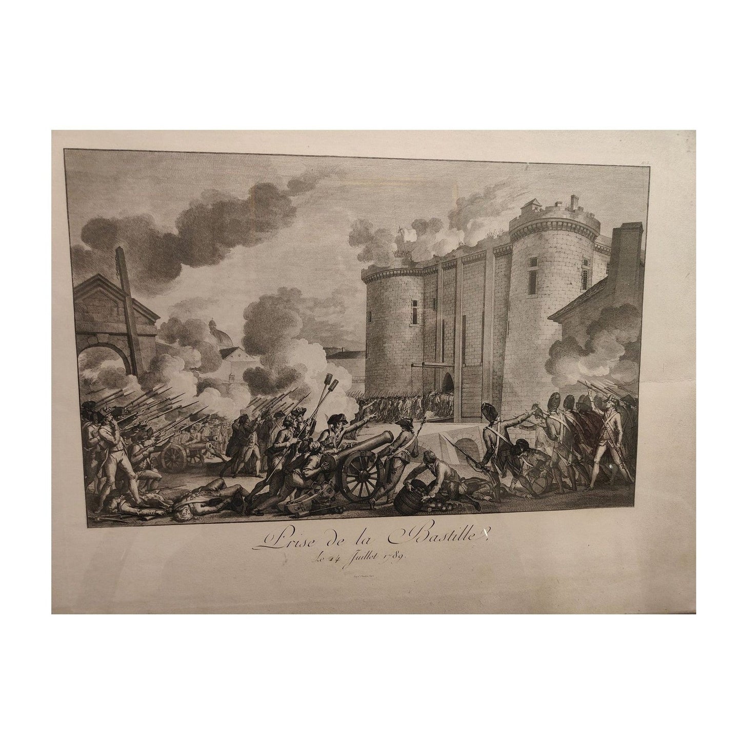 Grande gravure ancienne de la Prise de la Bastille, impression C. Chardon XIXe siècle, estampe historique française grand format encadrée sous verre.