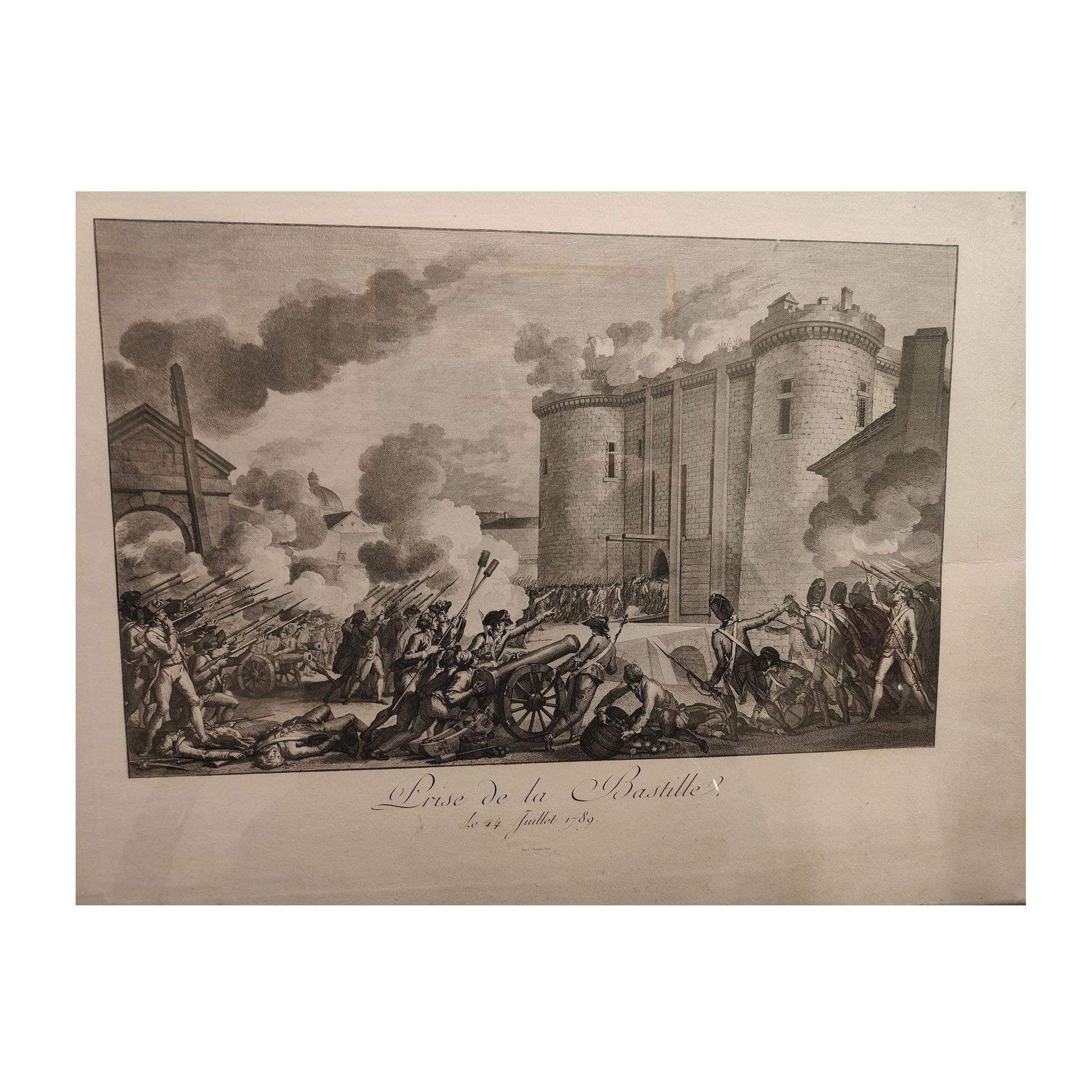 Grande gravure ancienne de la Prise de la Bastille, impression C. Chardon XIXe siècle, estampe historique française grand format encadrée sous verre.
