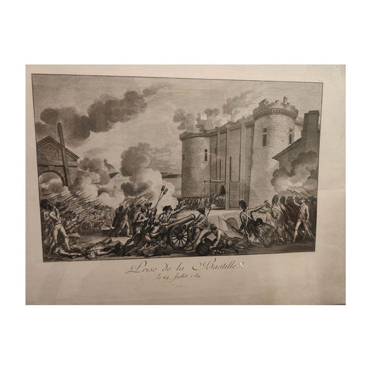 Grande gravure ancienne de la Prise de la Bastille, impression C. Chardon XIXe siècle, estampe historique française grand format encadrée sous verre.