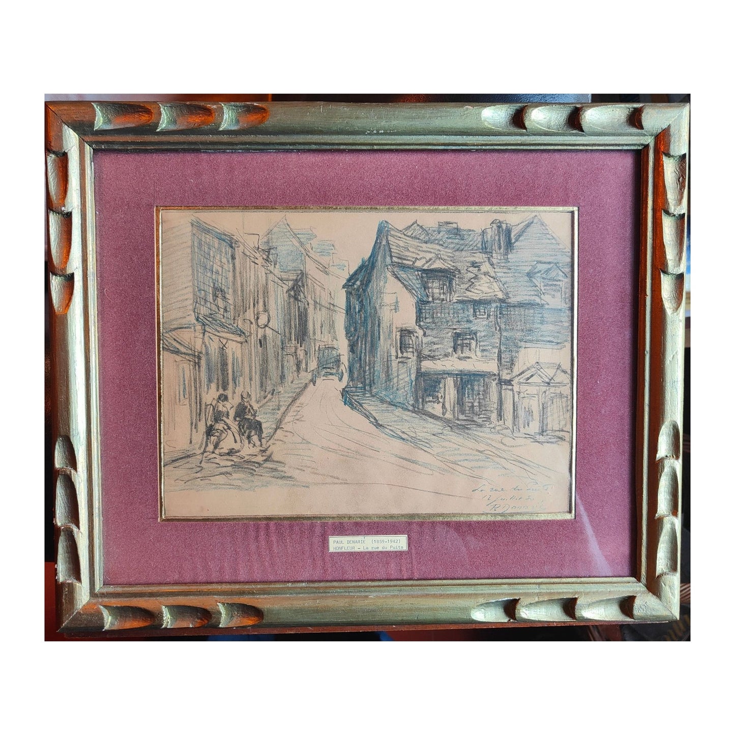 Dessin couleur original Rue du Puits, Honfleur de Paul Denarie (Jean Sorlain), daté de 1930, encadré avec soin, œuvre authentique du peintre normand.