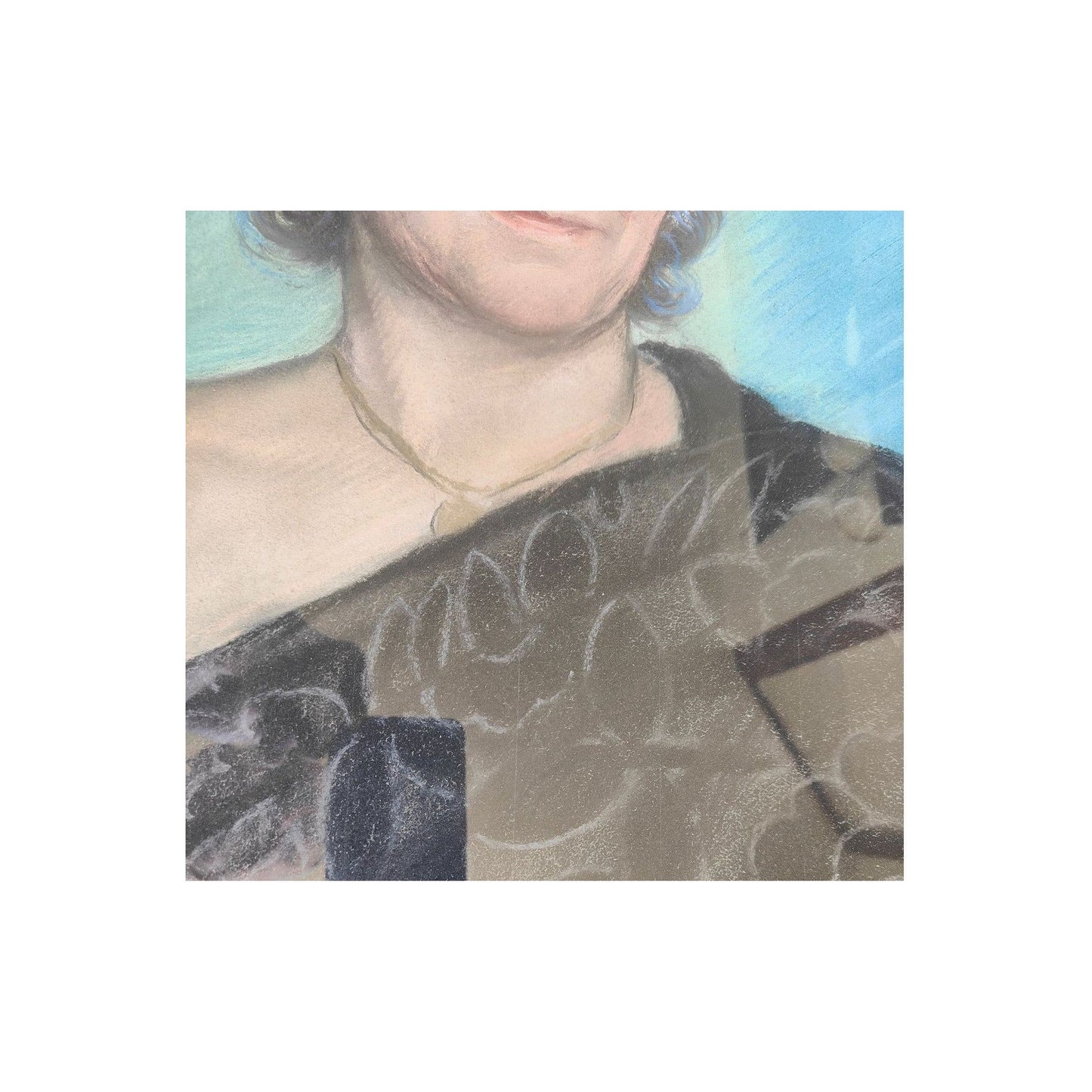 Grand pastel de Jean Lambert-Rucki représentant un portrait de femme sur fond bleu, œuvre signée et encadrée sous verre au format 50 x 87 cm