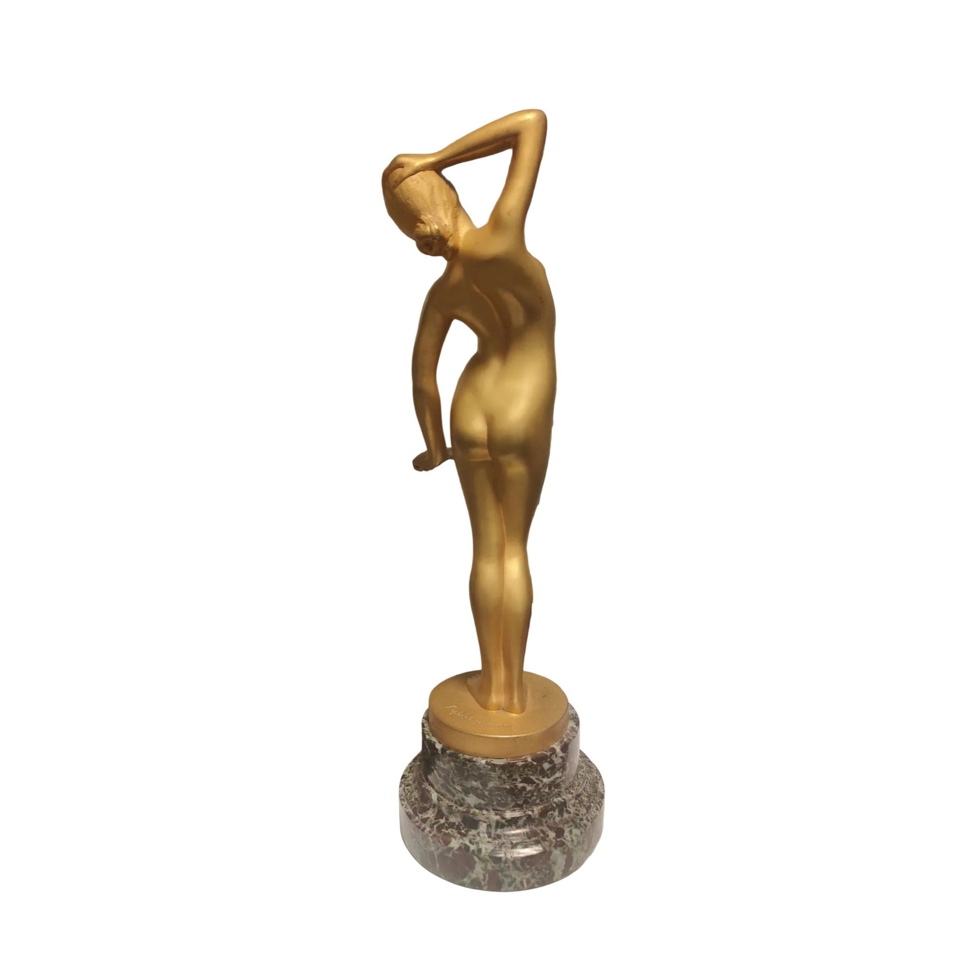  Nu féminin gracieux en bronze patine dorée très douce, jeune femme s'étirant au lever, sculpture fine Raphael Shwartz sur socle marbre, 28cm hauteur 