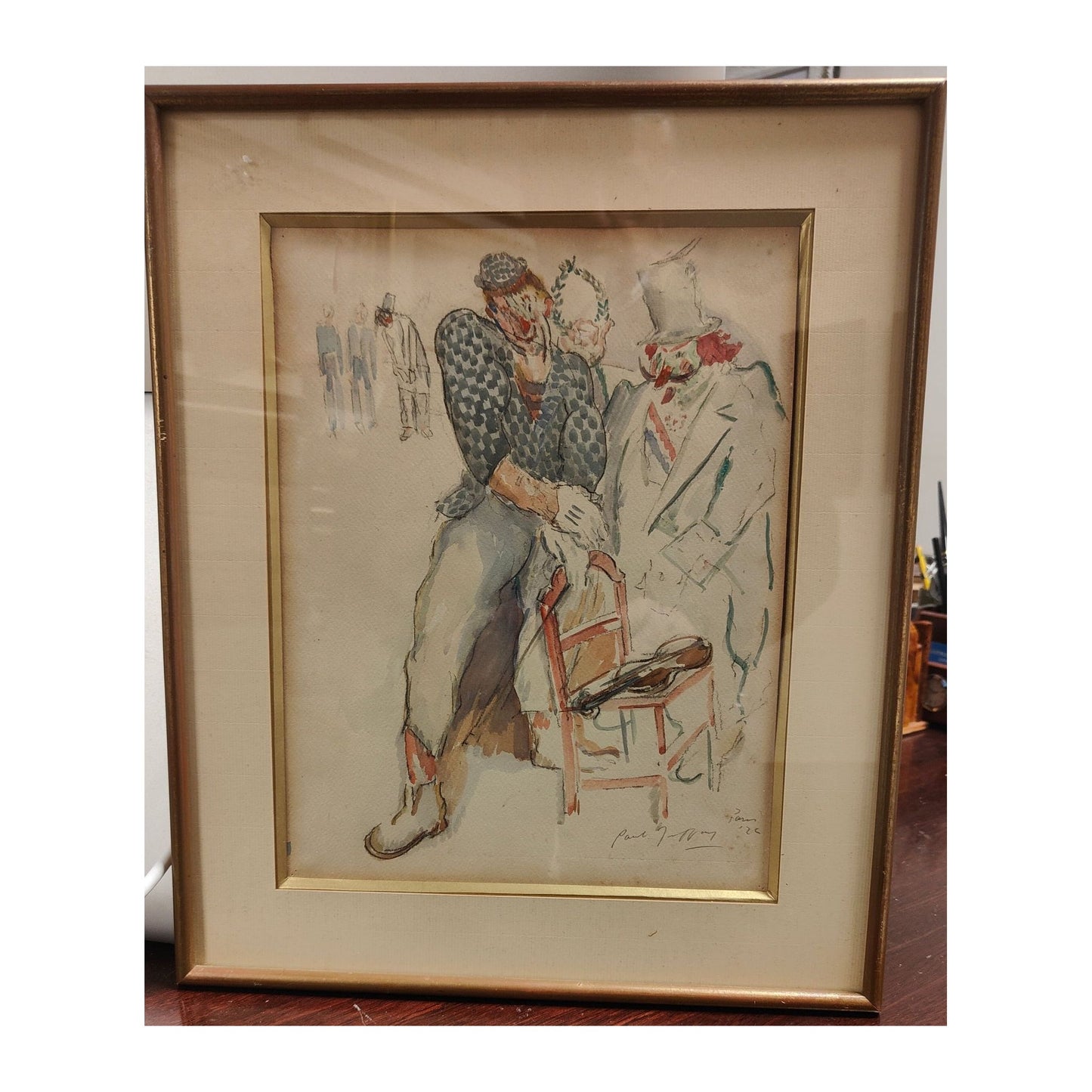 Aquarelle portrait de clown 1924, signée Paul Jeffay, scène parisienne encadrée 35x42cm 