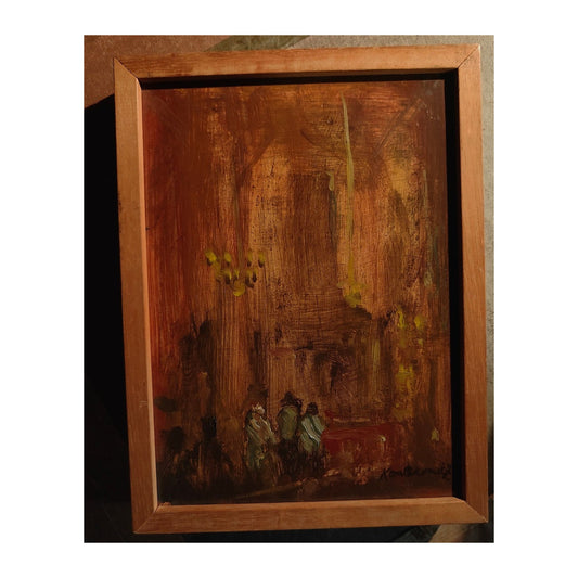 Huile sur carton représentant l’intérieur d’une synagogue, œuvre de Serge Kantorowicz (1942-2022), peinture encadrée format 18 x 14 cm.
