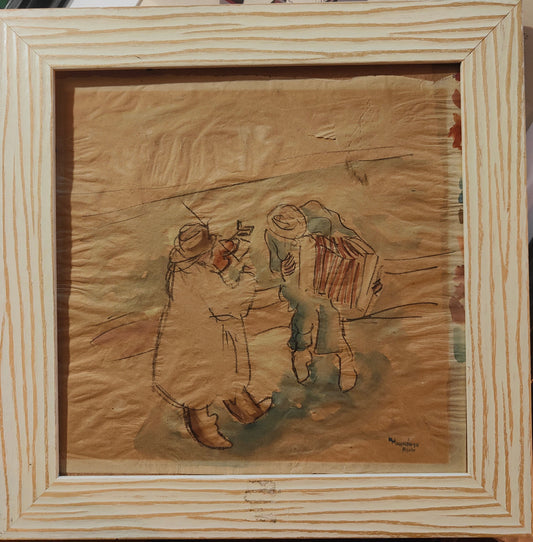 Aquarelle originale Musiciens de rue à Paris datée de 1934, signée mais non déchiffrée, scène parisienne vivante et colorée, œuvre encadrée sans verre.