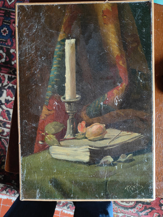 Nature morte à la bougie huile sur toile composition florale et lumière scène intime art moderne
