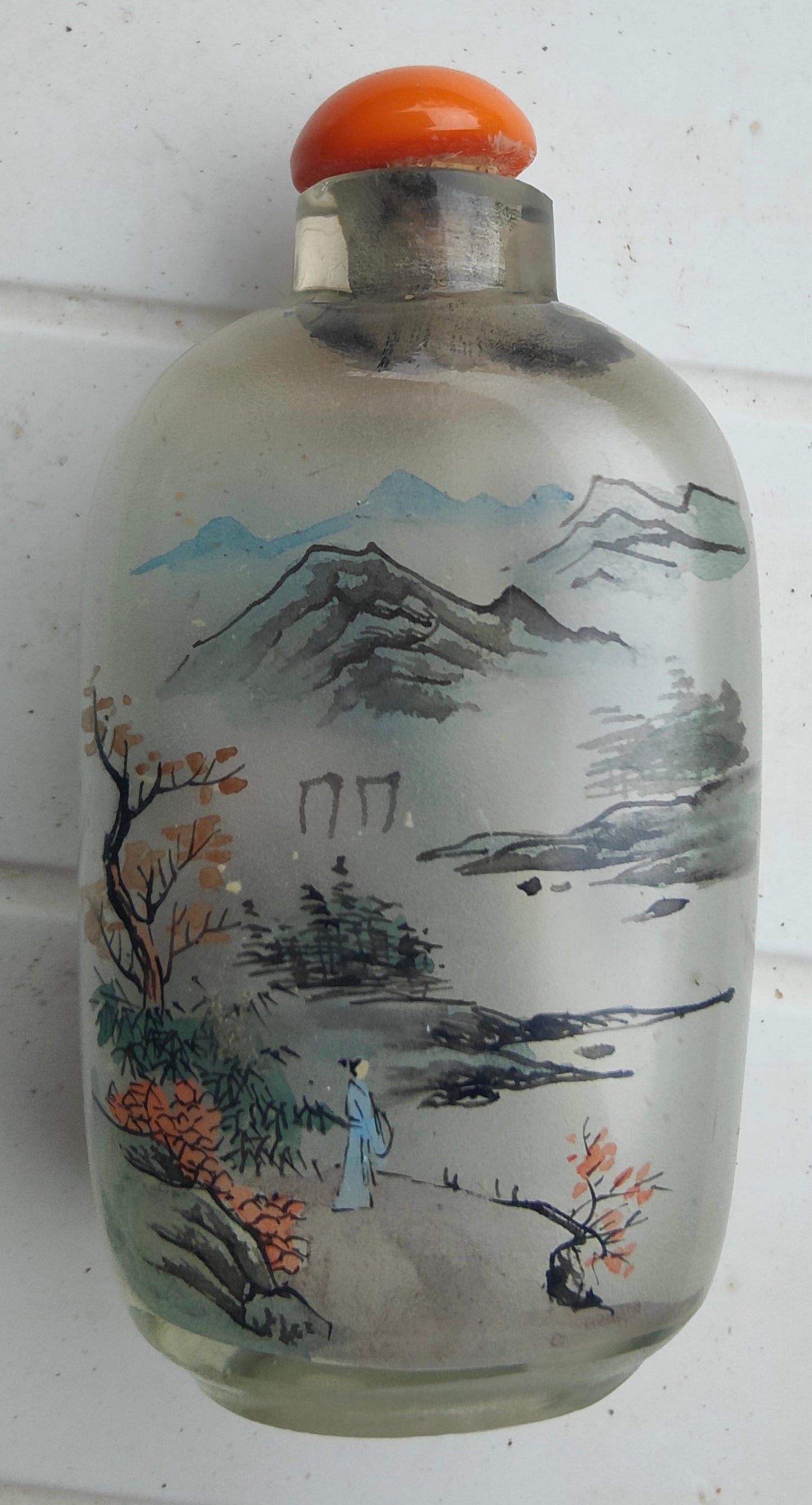 Tabatière chinoise en verre peinte à l’intérieur – snuff bottle – décor paysage