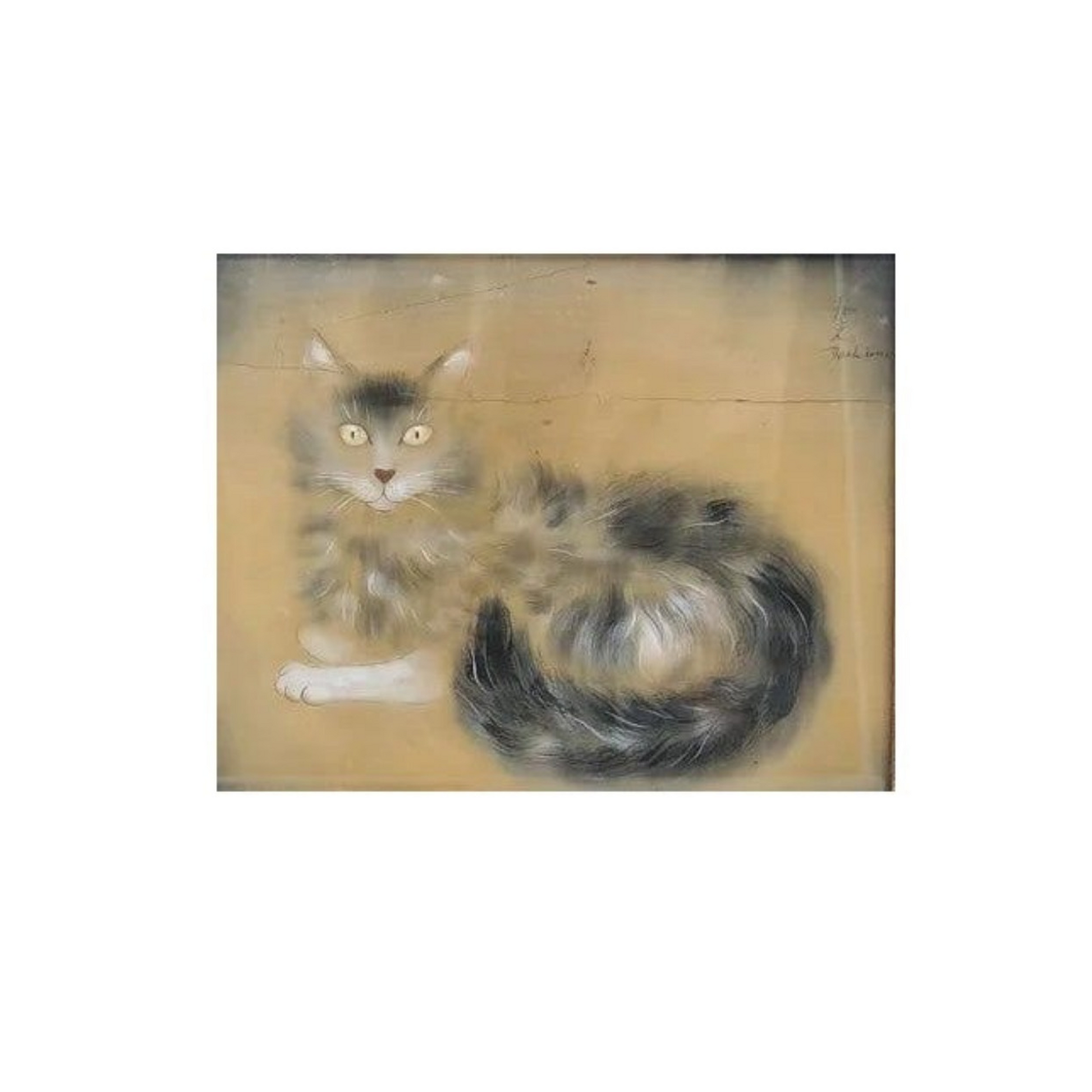 Œuvre Chat couché de Shunko Deshima, encre et gouache sur soie signée et datée 1933, composition raffinée et encadrée avec soin, pièce japonaise recherchée.